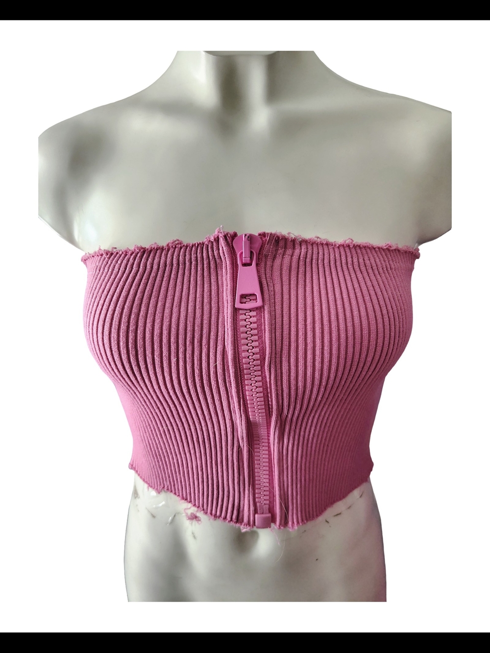 Front-Zip Ribbed Strapless Crop Top in Pink EDC Y2K